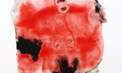 09 lucky skin, aggregat in rot, 2013, Lackskin auf Bütten, 18 x 21 cm