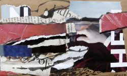 das händchen gottes, 2011, Collage mit Tuschestift und Acryl auf Packpapier, 13 x 18 cm
