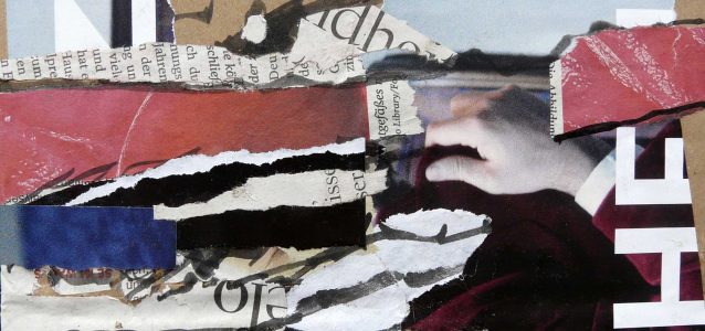 das händchen gottes, 2011, Collage mit Tuschestift und Acryl auf Packpapier, 13 x 18 cm